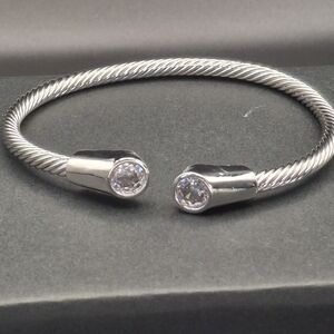 Sterling Silver Open Cable Cuff Bracelet with Clear Crystal Ends